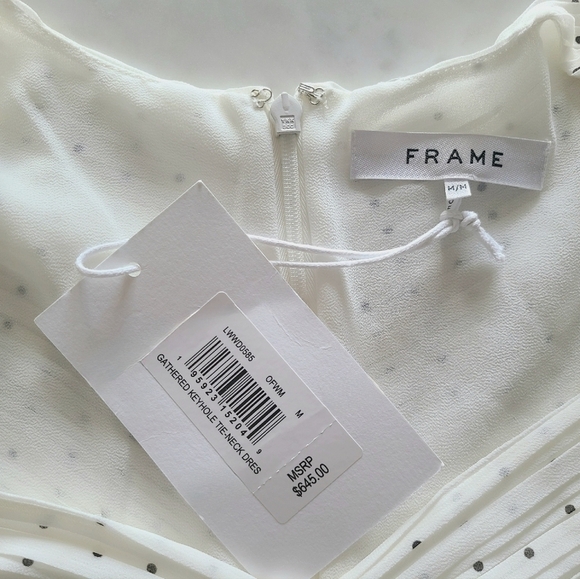 FRAME Ruched Tie-Neck Polka-Dot Midi Dress, White | Black, Medium, NWT - Picture 11 of 16